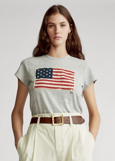 Playeras Polo Ralph Lauren Mujer Grises Multicolor - Flag Jersey Graphic - JPDXU5463